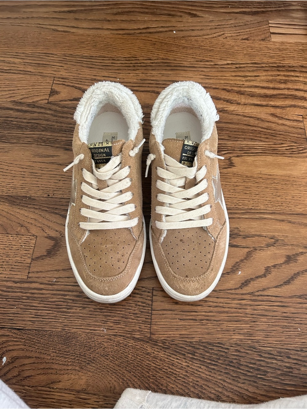 Vintage Havana Tan Suede Sneakers with Cream Sherpa Collar